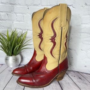 Frye Women’s Vintage Western Cowgirl Boot Tan and Brick Red Size 6.5B